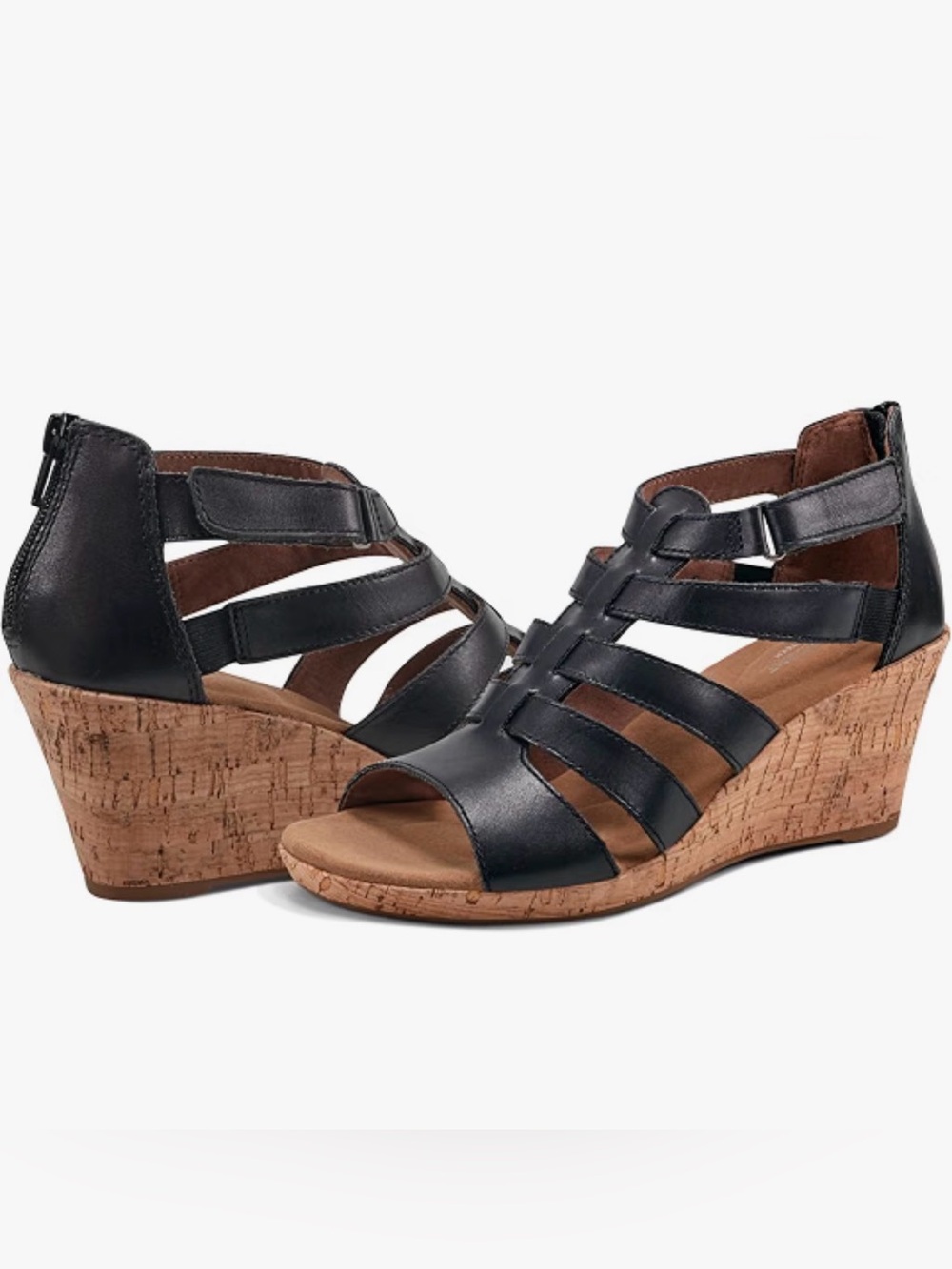 Rockport Black Multi-Strap Cork Wedge Sandals